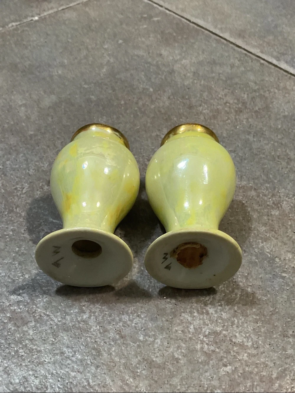 Vintage Ceramic Salt and Pepper Shakers with Gold Tops - Yellow